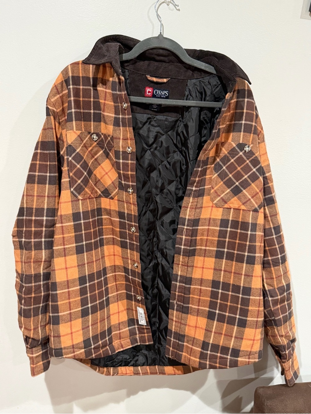 Chaps Men's Orange & Brown Plaid Quilted-Lined Shirt Jacket Size M